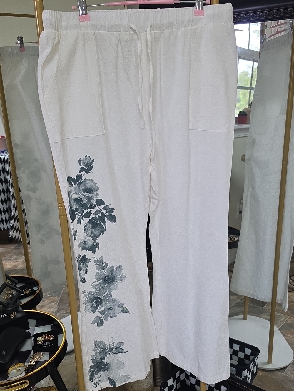 White Linen Wide-Leg Pants with Blue Floral Print - Picture 10 of 10